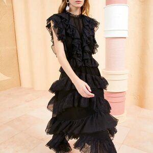 NWOT ULLA JOHNSON Apolline Silk Ruffled Midi Dress in Noir S $1,090
